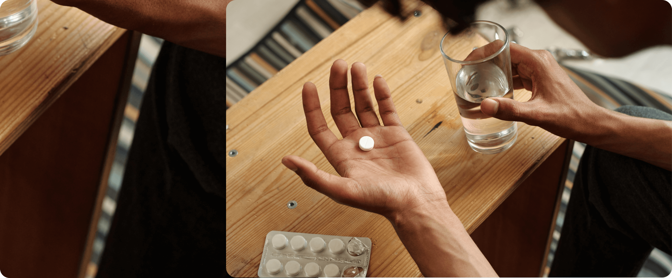 Holding pill and glass of water